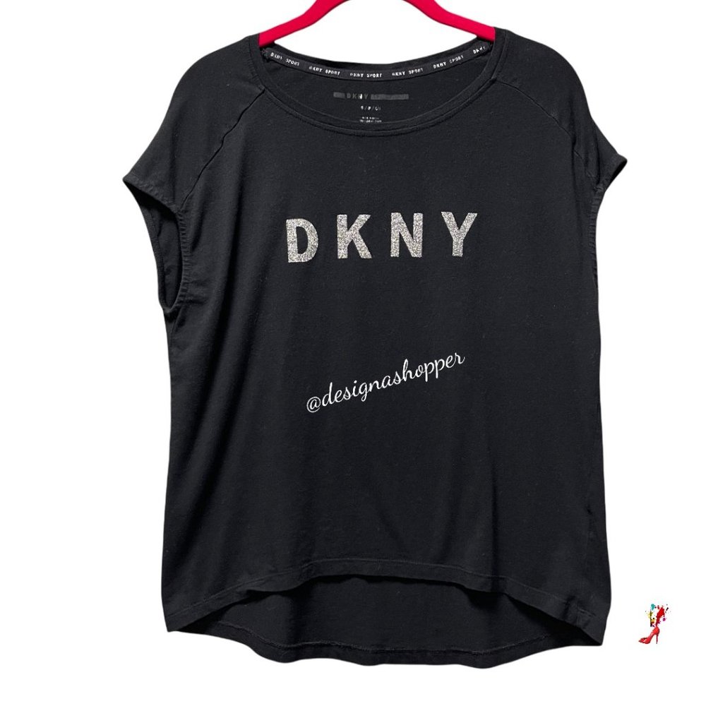 DKNY Black Glitter Logo Short Sleeve Top - SM